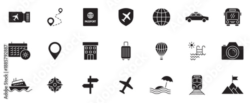 Travel icons set for trips, vacations, destinations, flights, hotels, sightseeing, luggage, maps, transportation, and tourism visuals.