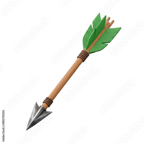 Wooden arrow with green fletching and metal tip bow and arrow isolated on Transparent Background