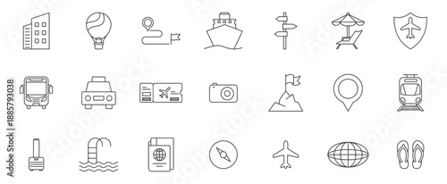 Travel editable stroke icons set. Travel, hotel, holiday, tourism, beach, plane, map, agent and insurance. Vector Illustration.