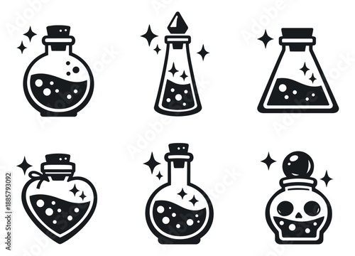 Line art magic potion bottles set featuring various shaped vials with sparkling liquid for game design or fantasy concepts