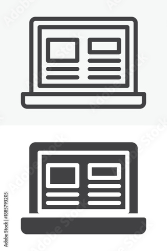 Laptop with web page media icon set in line, outline and solid style. Editable stroke vector sign and symbol for digital news icon, online media and web icon.