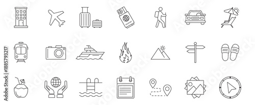 Travel outline icon set. Includes airplane, passport, luggage, car, hotel, map, beach, and vacation elements.