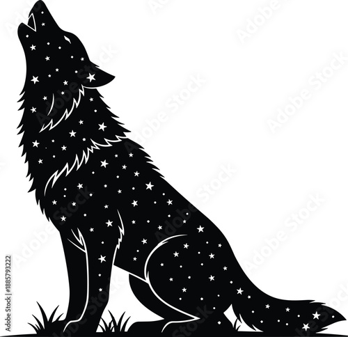 Wolf silhouette, cosmic stars, night animal, mystical creature, black and white, celestial body, nature spirit, howling pose, surreal design, outdoor symbolism, galaxy texture