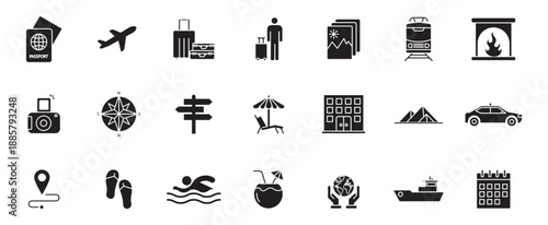 Travel icons set for trips, vacations, destinations, flights, hotels, sightseeing, luggage, maps, transportation, and tourism visuals.