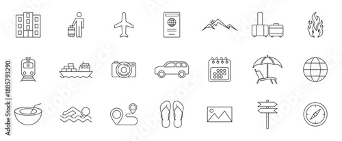 Travel outline icon set. Includes airplane, passport, luggage, car, hotel, map, beach, and vacation elements.