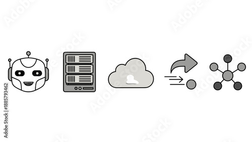 A set of grayscale technology icons featuring a robot head, server towers, a cloud, a data transfer arrow, and a network hub.