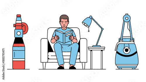 A person comfortably seated in an armchair is engrossed in reading a book, with a decorative lamp, a bottle, and a bag nearby.