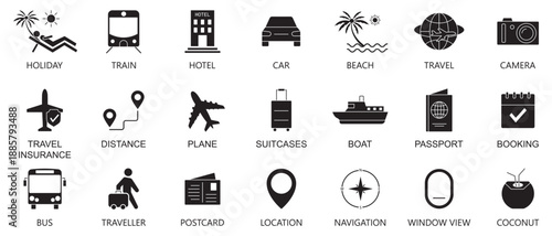 Travel Icon. Set of solid icons on tourism, vacations, tourist attractions, planes, trains, hotels, passports, trip.