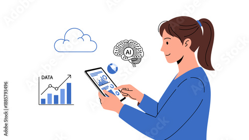 A woman interacting with a tablet showing data graphs, accompanied by a cloud, an AI brain, and more data visualization icons.