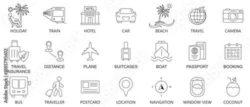 Set of 21 line icons related to travel, luggage, tour, summer vacations, tourism, Editable stroke. Vector illustration.