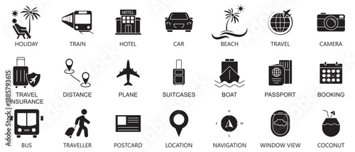 Travel Icon. Set of solid icons on tourism, vacations, tourist attractions, planes, trains, hotels, passports, trip.