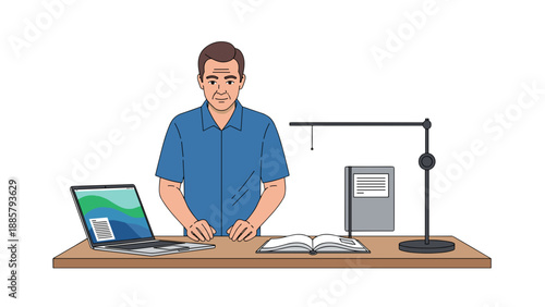 A thoughtful man stands attentively at a wooden desk with a laptop, an open book, a modern lamp, and scattered papers, creating a scene of focused work or study in a well-organized space.