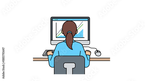 A diligent woman with her hair tied back is focused on her work at a desktop computer, seen from a back view, highlighting her concentration on the screen displaying graphs and data.