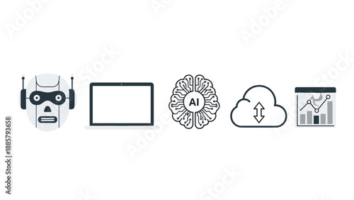 A collection of modern technology icons features a robot head, a tablet device, an AI brain, cloud computing, and a data analytics chart, representing the interconnectedness of future digital systems.