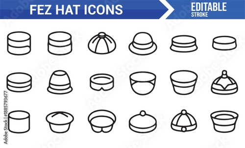 Fez hat and cultural headwear outline icon set