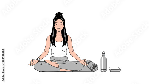 A serene young woman with dark hair sits peacefully in a lotus yoga pose on a light background, preparing for a calming meditation session with her mat and water bottle nearby.