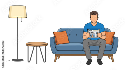 A man is casually sitting on a comfortable blue sofa, engrossed in reading a newspaper in a relaxed home setting.