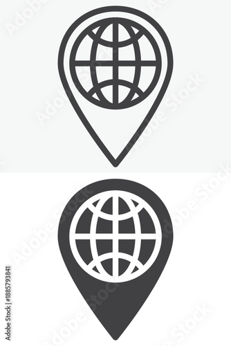 Globe with map pin media icon set in line, outline and solid style. Editable stroke vector sign and symbol for local news icon, location and media icon.