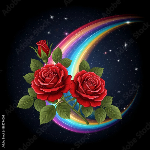 Vibrant Red Roses on Rainbow Crescent Moon Background