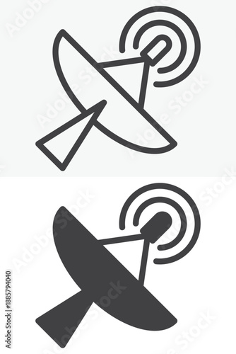 Satellite dish signal media icon set in line, outline and solid style. Editable stroke vector sign and symbol for broadcast news icon, antenna and media icon.