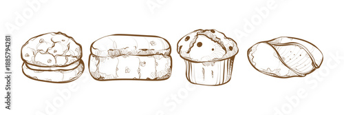 Hand sketched bakery item food illustration vector design showing bread, pastry, cake and dessert elements for cafe, restaurant and culinary art
