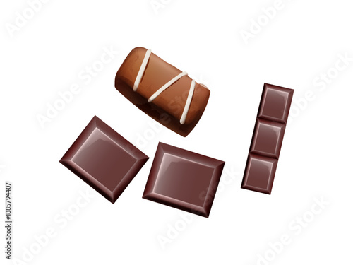 Pieces of dark chocolate isolated on white background vector illustration with sweet dessert snack bar design for confectionery product