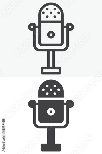 Classic studio microphone media icon set in line, outline and solid style. Editable stroke vector sign and symbol for broadcast news icon, radio and media icon.