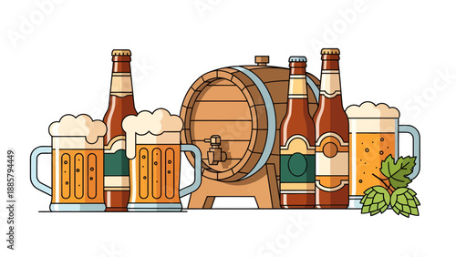 Beer Barrel and Bottles with Mugs Vector Illustration, Oktoberfest Celebration and Craft Brewery Promotion, Traditional Beverage and Hops Graphic