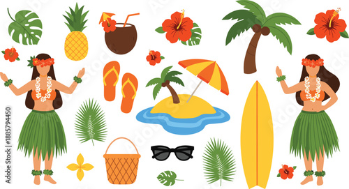 Hawaiian vacation illustration, tropical elements, hula dancers, beach scene, summer vibes, island culture, coconut drink, surfboard, palm trees
