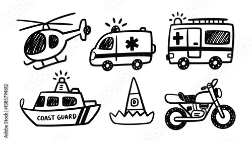 Hand-Drawn Emergency Transport Icons: A collection of simple, hand-drawn icons depicting various emergency vehicles and modes of transport.
