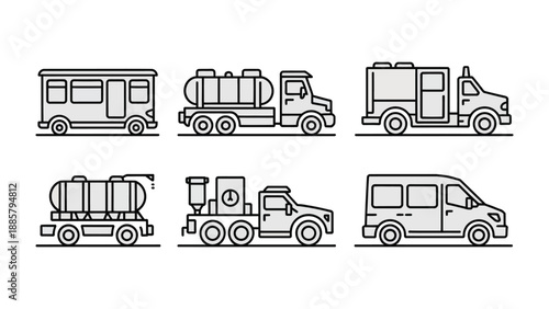 Transportation Variety: Diverse vehicles depicted in a simplified linear style, offering a range of transportation options, ideal for design and informational use.