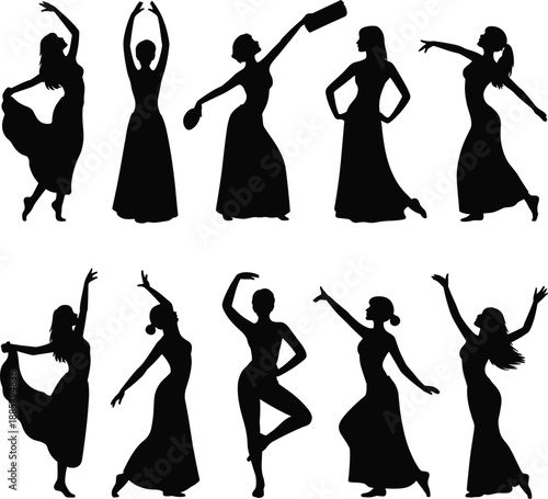 Elegant female dancer silhouettes in expressive poses, modern and classical dance movements, black isolated figures representing rhythm, grace, motion, performance art, 
