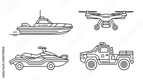 Modern Transportation: This captivating image showcases four modes of modern transport, meticulously designed to convey a sense of movement, innovation, and technological advancement.