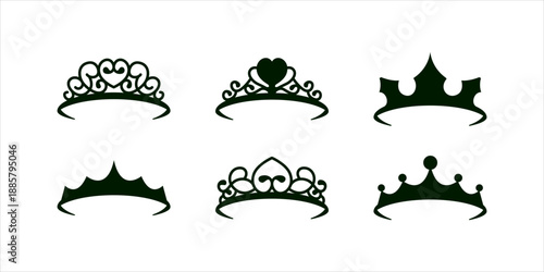 Luxury vector set of silhouettes of tiaras and crowns for royal design, queen princess king headwear collection, wedding or fashion accessory