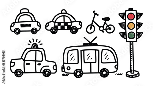 Urban Sketch: An eye-level illustration showcases diverse modes of transport for urban life, rendered in a simple monochrome style, set against an airy backdrop.