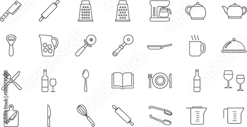Kitchen utensils line icon set with cooking tools tableware appliances restaurant food preparation symbols outline vector
