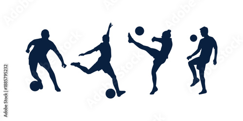 Vector set of silhouettes of soccer players kicking ball illustration perfect for football match, tournament, sports design, club or team theme