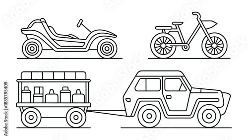Vehicles Collection: A set of vehicle illustrations, each representing a mode of transport, from a quad bike, to a motorbike, to a wagon.