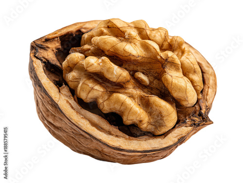 A walnut split open to reveal its delicious edible nut Isolated Transparent Background, PNG
