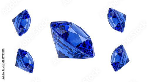 A collection of five blue sapphire gemstones of varying sizes, floating in mid-air against a clean white background, showcasing their intricate facets and deep blue color.