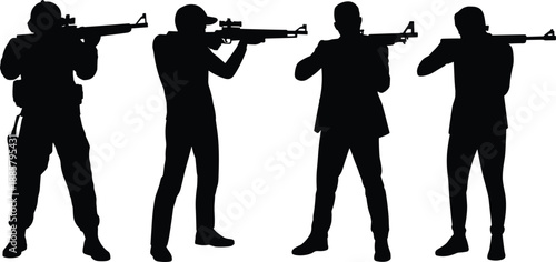 Four armed tactical soldier silhouettes aiming rifles in combat stance isolated on white background, military security team concept, special forces, law enforcement and defense illustration