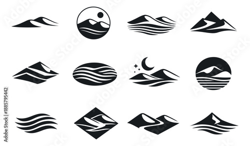 Abstract minimalist desert landscape icons set featuring sand dunes and natural elements for logo design and branding