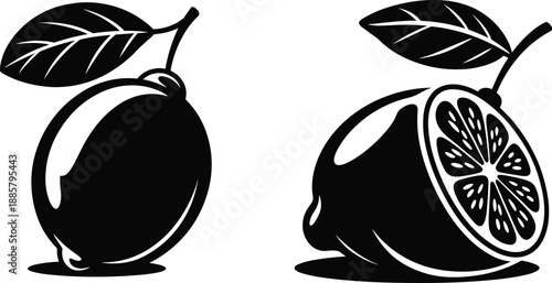 Orange fruit silhouette with leaf, citrus slice icon set, black vector illustration, fresh tropical food design, isolated.