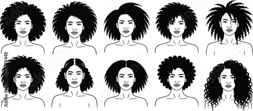 Curly afro hairstyle women faces set, natural hair texture illustration, black female portraits collection, beauty fashion vector design.