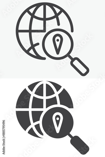 World globe with magnifier pin icon set in line, outline and solid style. Editable stroke vector sign and symbol for search news icon, location and media icon.