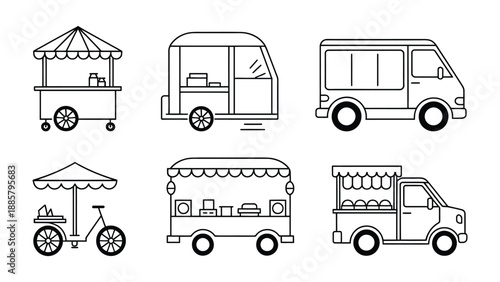 Food Cart Lineup: A comprehensive illustration of various food carts, designed for culinary entrepreneurs and food enthusiasts, capturing the essence of street food culture.