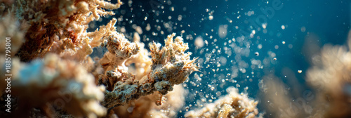 Corals and sponges lie in fragments, affected by disintegration. Tiny creatures cling to the remnants, illuminated by soft light, revealing ecosystem changes and habitat loss, banner