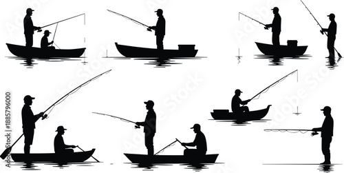Fishing silhouette illustration set, boat and shore angler poses, water reflection icons, outdoor activity vector graphic design bundle