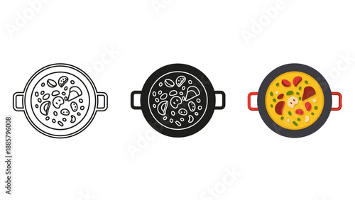 Three pizza illustrations in different styles and colors in pans on white background