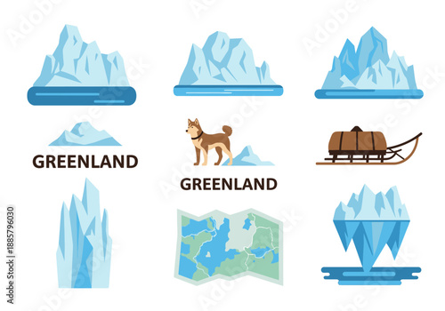 Arctic Iceberg Illustrations Featuring Dog Sled and Map in Frozen Landscape from Various Viewpoints